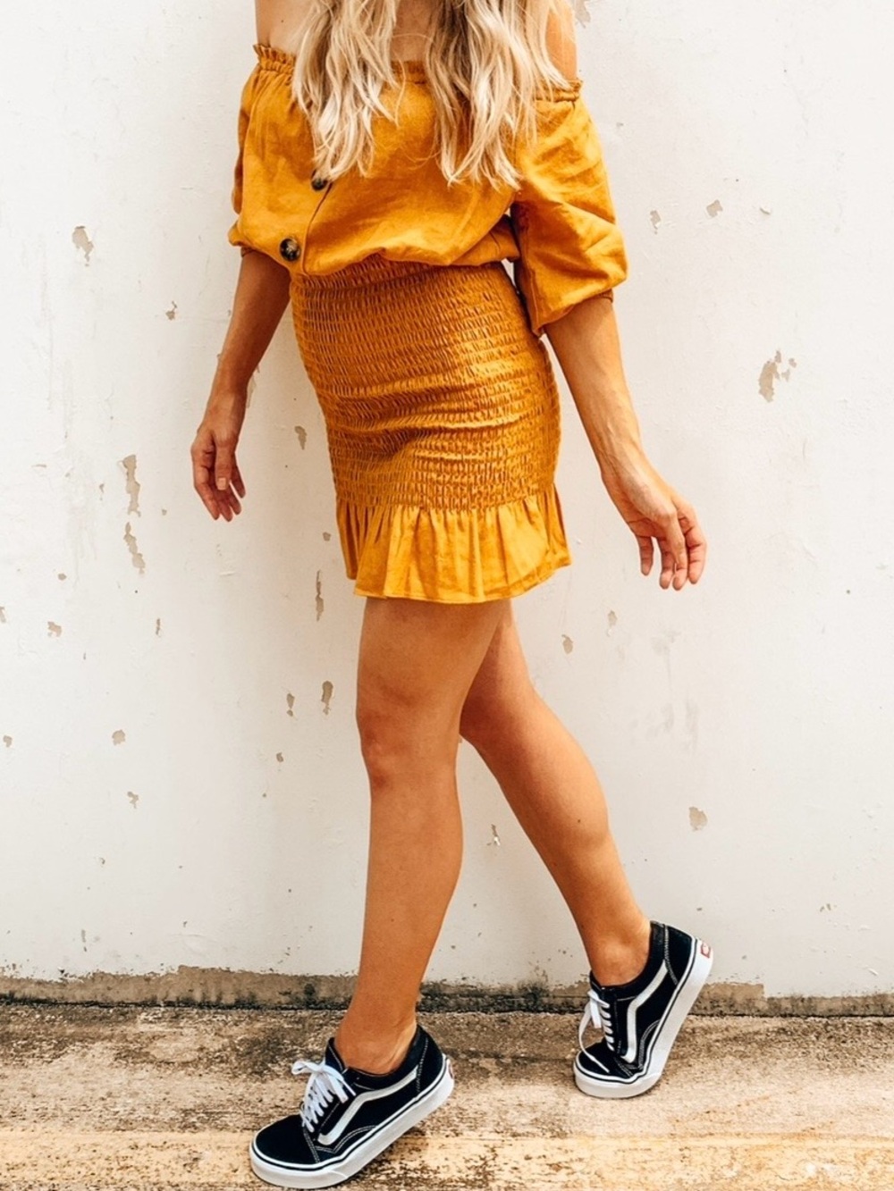 Zara Mustard Smocked Off-Shoulder Dress Size small